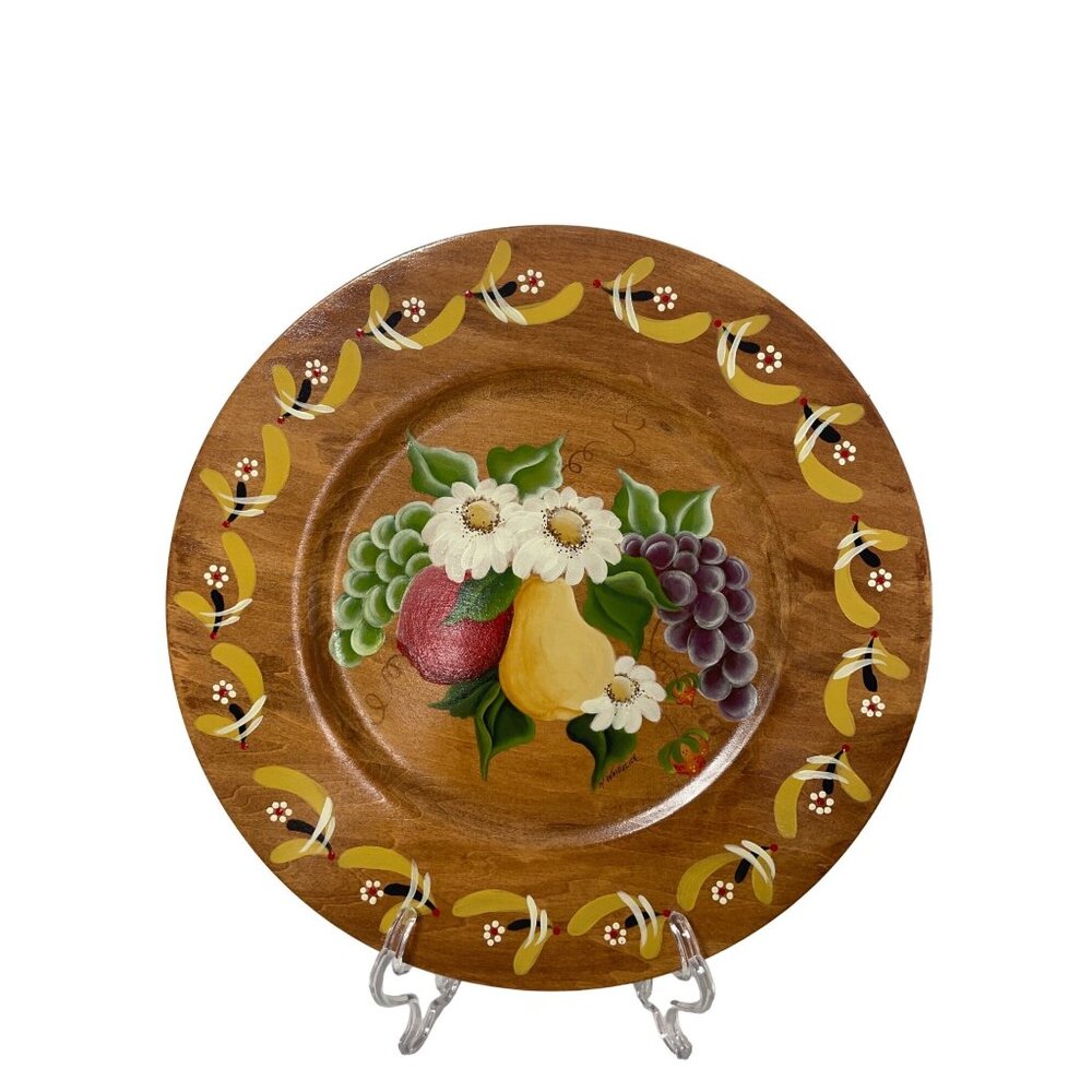 Vintage Retro Hand-painted Floral Fruit Plate signed by artist 14" Cottage Core - Picture 4 of 6
